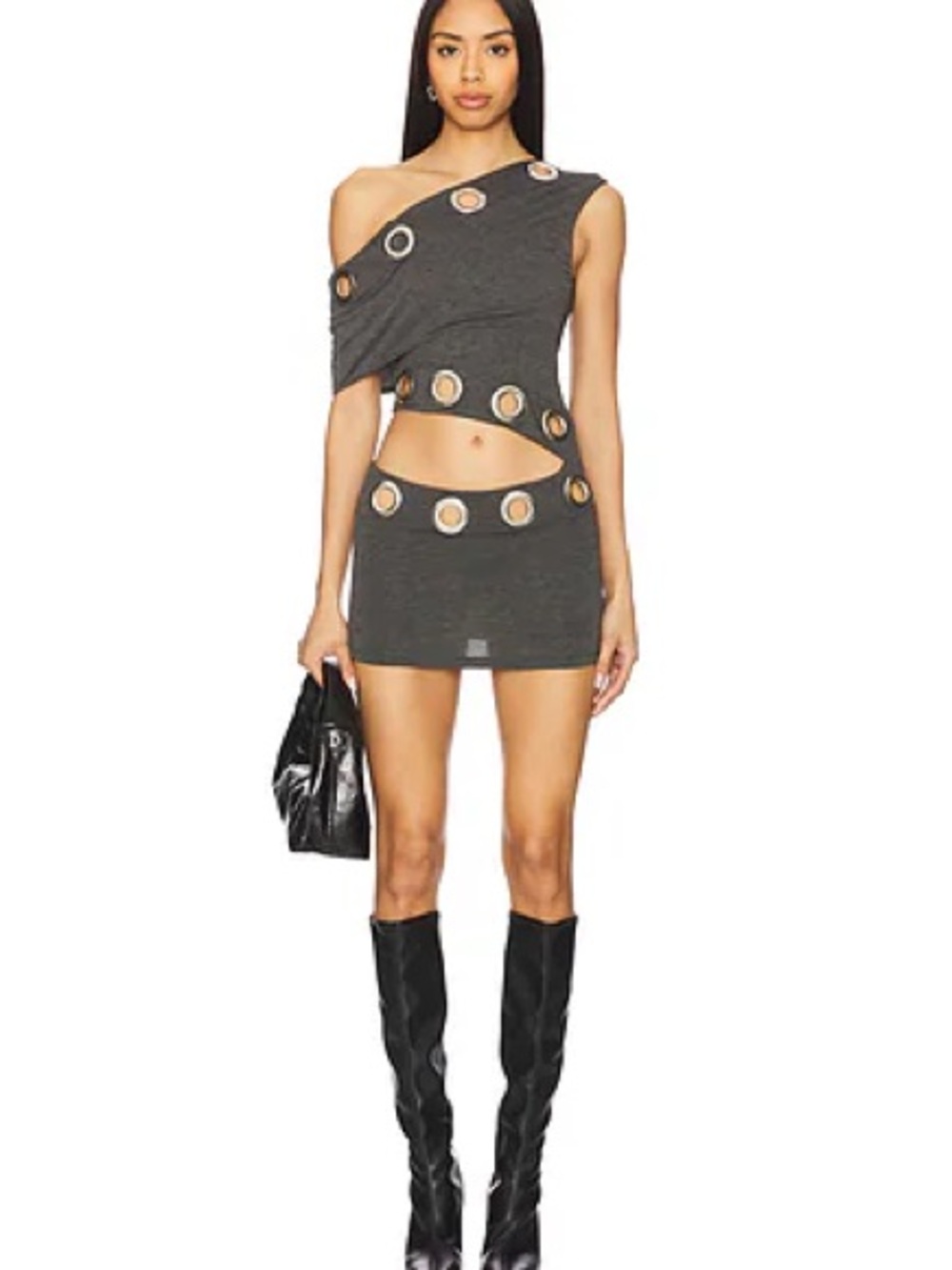 Jaded London Charcoal One-Shoulder Mini Dress with Grommet Cutouts